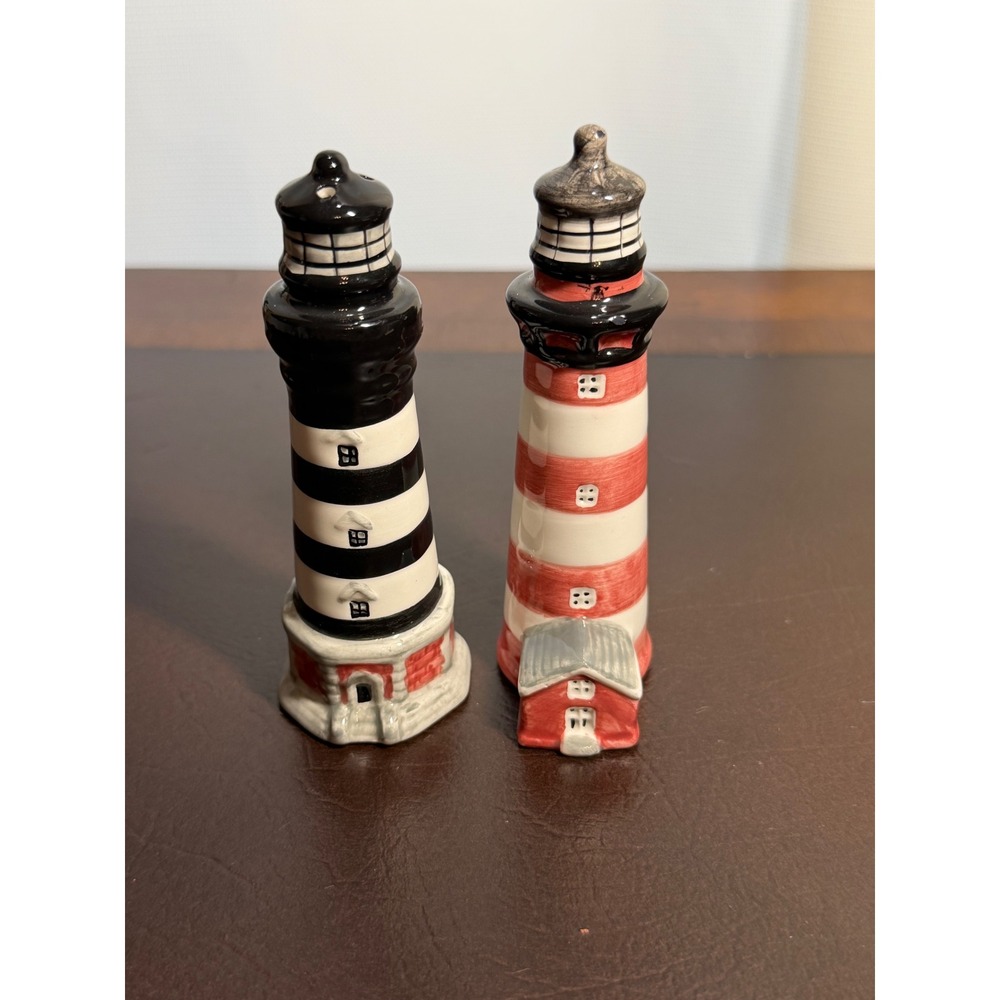 Vintage Lighthouse Salt and Pepper Shakers Ceramic Nautical Beach Decor Set